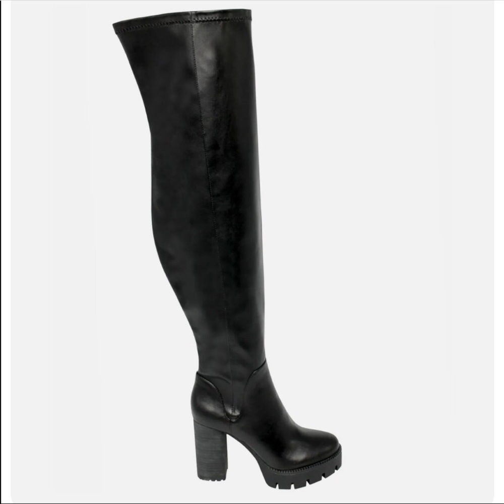 CHARLES DAVID Over the Knee Faux-Leather Black Platform Lug Sole Boots Size 6.5 - Picture 1 of 5